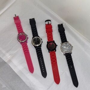 Set of 4 watches with colourful plastic bands.